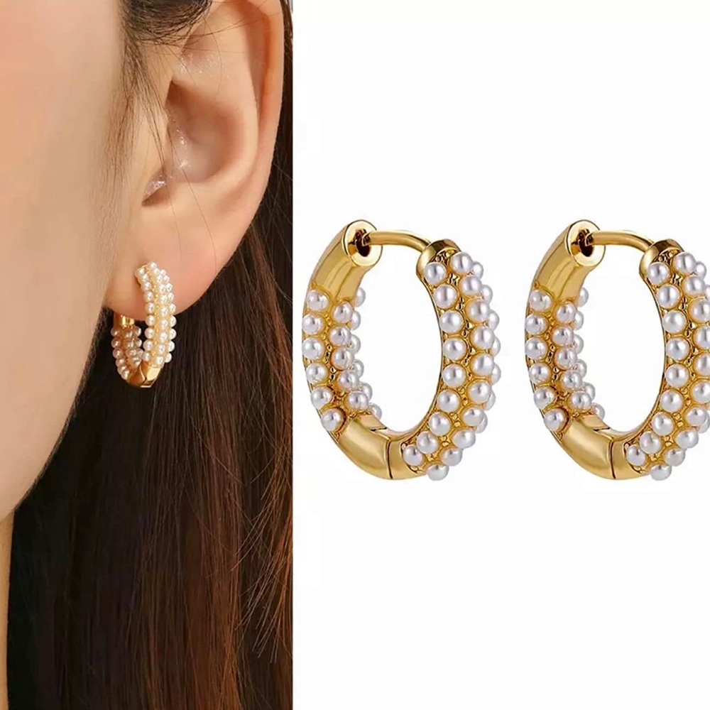 18K Gold Plated Clustered Pearl Small Huggie Hoop Earrings by Grathia Cero